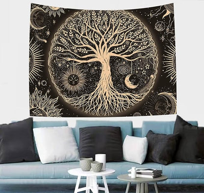 FORATER Tree of Life Tapestry Wall Hanging Sun Moon Stars Tapestries Aesthetic Galaxy Wall Tapestry Nature Home Decoration for Living Room Bedroom(36 x 48 Inch, Black and Gold)