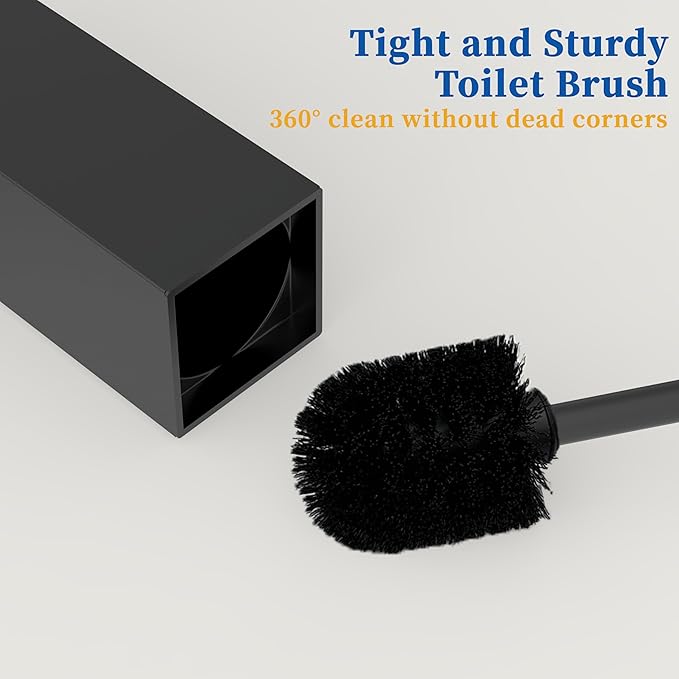 RUACQ Toilet Brush and Holder Set,Square Toilet Bowl Brush for Bathroom with 304 Stainless Steel Handle Toilet Cleaner Brush with Durable Scrubbing Bristles,Splash-Proof (Matte Black)