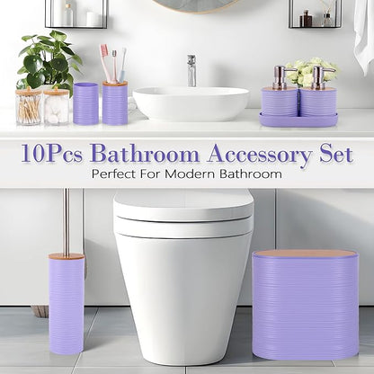 Bathroom Accessory Set,10 PCS Purple Bathroom Set with Trash Can,Toothbrush Holder,Soap Dispenser,Toothbrush Cup,Vanity Tray,Soap Dish,Toilet Brush,Qtip Holders