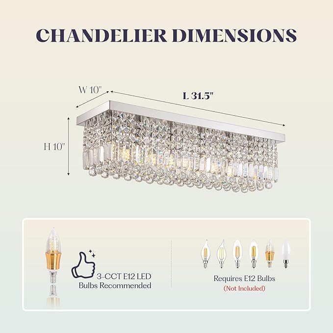 Rectangular Chandelier, Flush Mount Rectangle Chandelier Modern K9 Crystal Chandeliers Light Fixture, 6-Lights Raindrop Crystal Pendant Ceiling Light for Dining Room Bedroom Bar Club L31.5 Inch