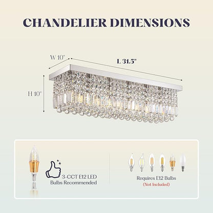 Rectangular Chandelier, Flush Mount Rectangle Chandelier Modern K9 Crystal Chandeliers Light Fixture, 6-Lights Raindrop Crystal Pendant Ceiling Light for Dining Room Bedroom Bar Club L31.5 Inch