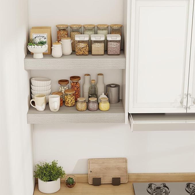 24 Inch Floating Shelves, 12" Deep Floating Shelf Wall Mounted, 24" Wall Shelves, Rustic Deep Bookshelf, Extra Deeper & Thicker Display Shelves for Bedroom, Living Room, Gray, Set of 2