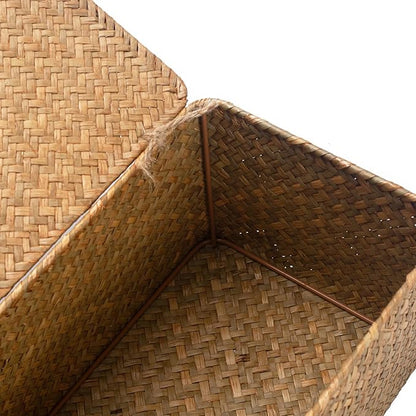 Wicker Basket with Lid, Seagrass Storage Basket, Woven Baskets for Storage, Decorative Storage Baskets for Shelf Organizing, Natural