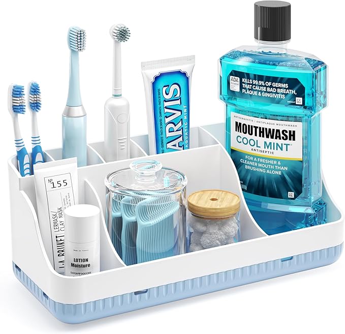 Bathroom Counter Organizer and Storage, 7 Slots Detachable Toothbrush Holders for Bathrooms, Anti-Slip Electric Toothbrush and Toothpaste Holder Countertop Vanity Organizer Accessories for Adults Kids