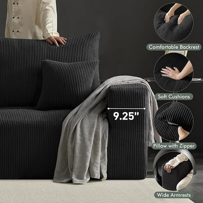 Boneless Sectional Cloud Couch Sofa Bed for Living Room, 112" Modular Modern Lounge 3 Seater Sleeper Black Couches with Chaise, No Assemble, Cordury Compression Upholstered Sofas