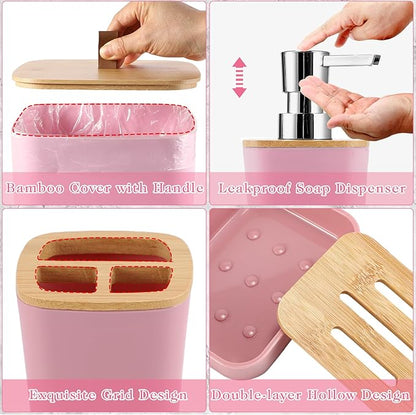 Bathroom Sets with Shower Curtain and Rugs, 27PCS Pink Bathroom Accessories Set with Trash Can, Pink Shower Curtain Set, No Slip Super Absorbent Bathroom Rugs