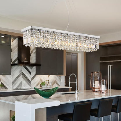 Siljoy Modern Rectangular Crystal Chandelier, 47" Rectangle Raindrop Hanging Ceiling Pendant Light Fixture Adjustable Height for Kitchen Island Dining Room, Polished Chrome Finish, L47 x W10 x H10