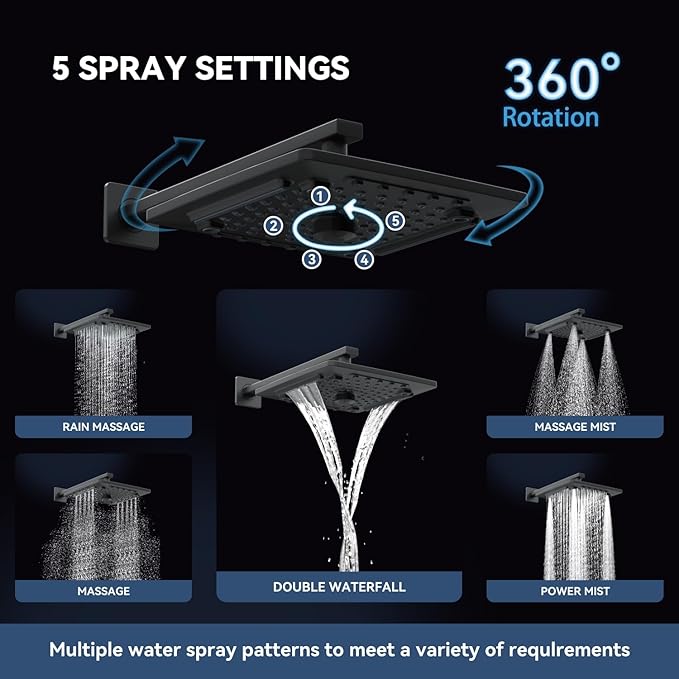 ELLO&ALLO Matte Black Bathroom Shower Faucet Set with Valve, Rainfall Shower Head with Handheld Combo