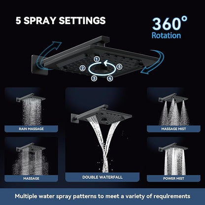 ELLO&ALLO Matte Black Bathroom Shower Faucet Set with Valve, Rainfall Shower Head with Handheld Combo