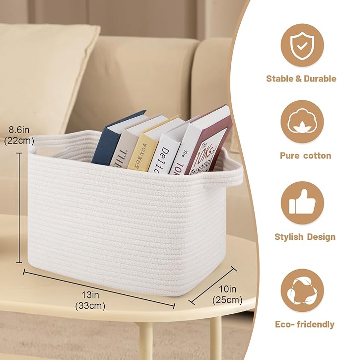 Storage Basket for Organizing, Woven Baskets for Storage, Rectangle Decorative Baskets for Shleves, Closet, Toys, Books, Nursery Organizer Bins - Pack of 3 (White)