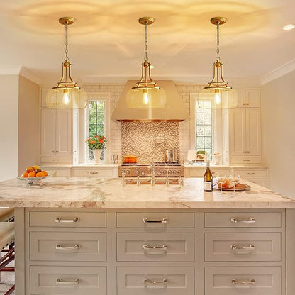 WUZUPS Chandelier Rustic Farmhouse Industrial Round Ceiling Pendant LED Light Fixture with Clear Glass Shades for Dining Room Kitchen Island Foyer Entryway, H 17" x W 13.4", E26 Base, Gold