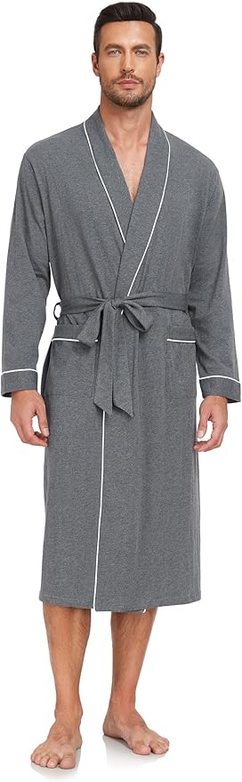 COLORFULLEAF Mens 100% Cotton Robes Lightweight Summer Long Bathrobe Sleepwear Soft Knit Spa Robe with Pockets