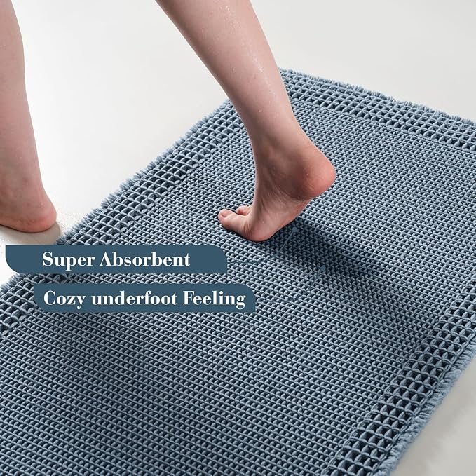 RESARE Waffle Bath Mat - Super Absorbent Non Slip Machine Washable Boho Bath Rugs with Tassels, Upgraded Bordered Design, 17"x24" Blue
