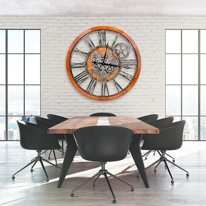 The B-Style 36" Large Moving Gear Wall Clock Oversized Vintage Farmhouse Wall Clocks for Living Room Decor Rustic Industrial Wood Clock (Brwon with Bronze Gears)