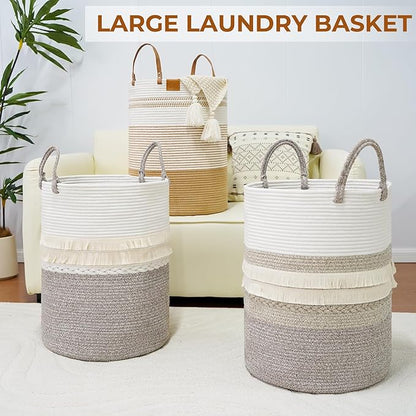 danpinera 79 L Large Laundry Basket, Tall Woven Cotton Storage Hamper with Handles, Dirty Clothes Hamper in Bathroom, Decorative Storage Basket for Living Room Gradient Brown