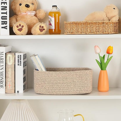Small Storage Baskets for Organizing | Closet Organizer Bins | Shelf Toy Basket | Woven Rope Baskets | Cube Decorative Box | Shallow Basket | 11.5x7.5x4.7” | 4 Packs Mixed Brown