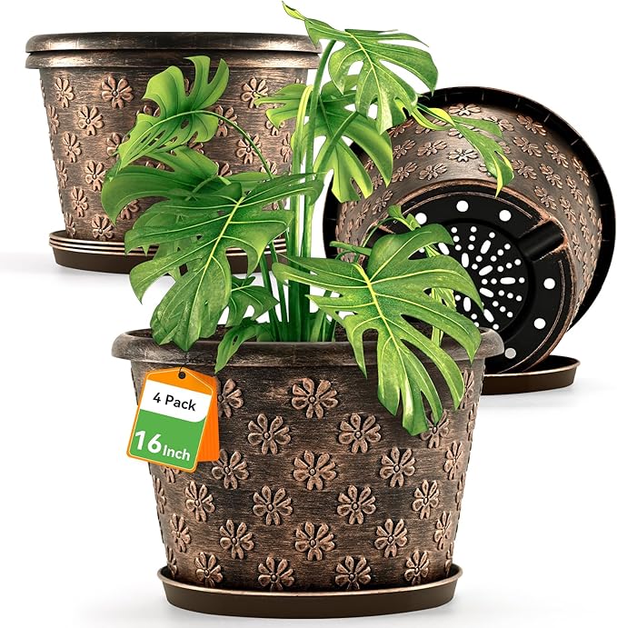 16 Inch Planter Pots for Plants, Plastic Large Flower Pots Indoor Outdoor, 4 Pack Resin Plant Pot with Drainage & Saucer, Retro Decorative Garden Pot with Removable Trays for House