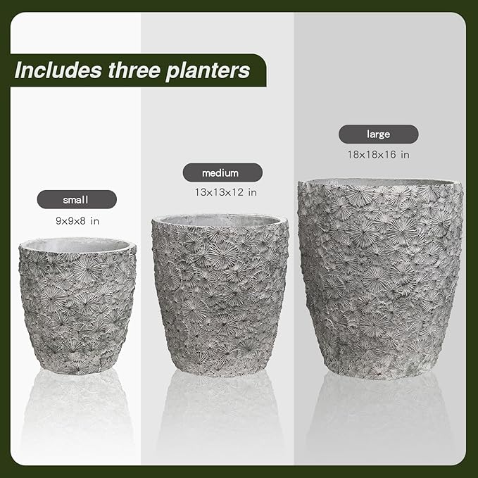 Craft flowerpots 16"+12"+10" Dia Round Concrete Planter Set of 3 Large Outdoor/Indoor Planter Pots Containers with Drainage Holes and Rubber Plug for Home Garden (Grey, Large)