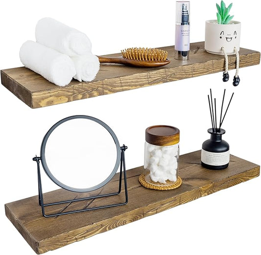 BGMG 30 inch Distressed Walnut Floating Shelves for Wall,High End Solid Real Wood 30 in Floating Shelf,Rustic Wooden Wall Mount Shelves Set of 2,Heavy Duty Bracket,30x6.7x1.25 inch