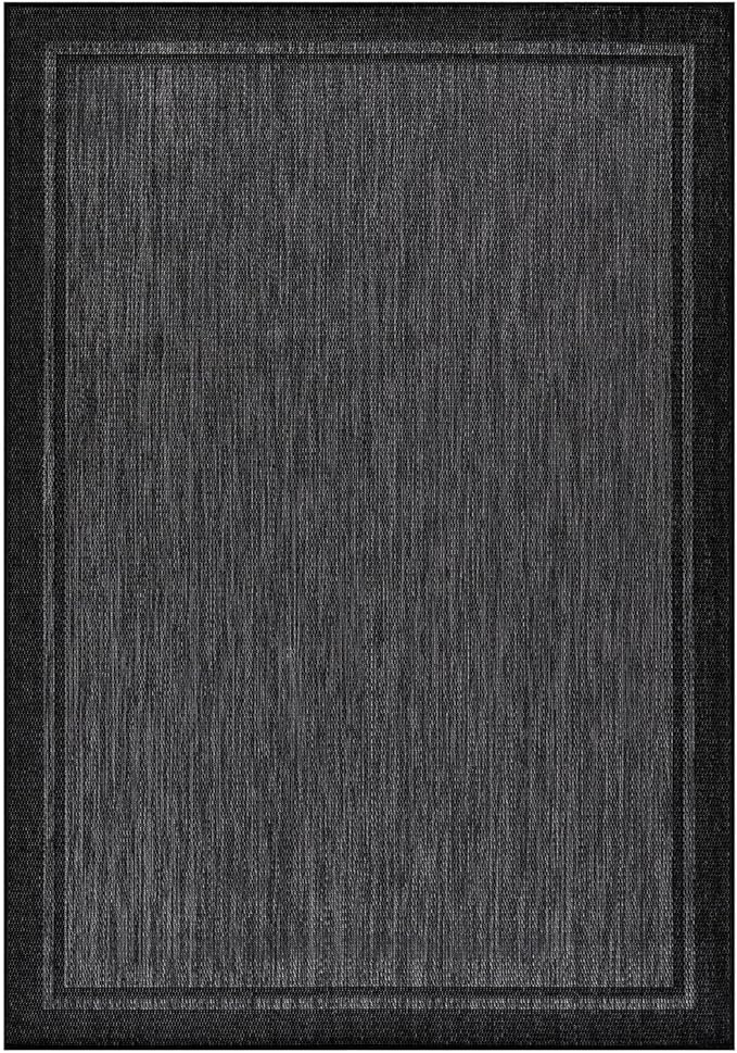 CAMILSON Indoor Outdoor Rug, 10x14 Bordered Dark Grey Black Modern Large Area Rugs for Indoor and Outdoor Patios, Kitchen and Hallway Mats, Washable Porch Deck Outside Carpet (Bordered Black, 10 x 14)