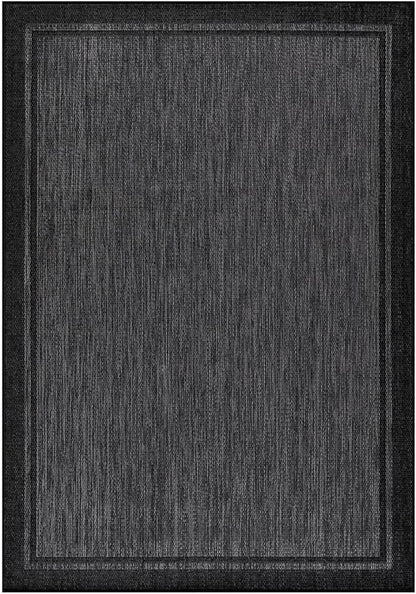CAMILSON Indoor Outdoor Rug, 10x14 Bordered Dark Grey Black Modern Large Area Rugs for Indoor and Outdoor Patios, Kitchen and Hallway Mats, Washable Porch Deck Outside Carpet (Bordered Black, 10 x 14)