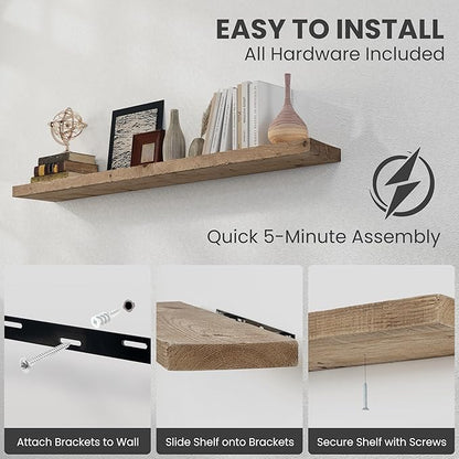 Solid Wood Floating Shelves, 8" Deep Rustic Reclaimed Barnwood Wall Hanging Floating Shelf with Invisible Heavy-Duty Metal Bracket | Wall Mounted | Farmhouse Style | 55 inches,1PC,Natural