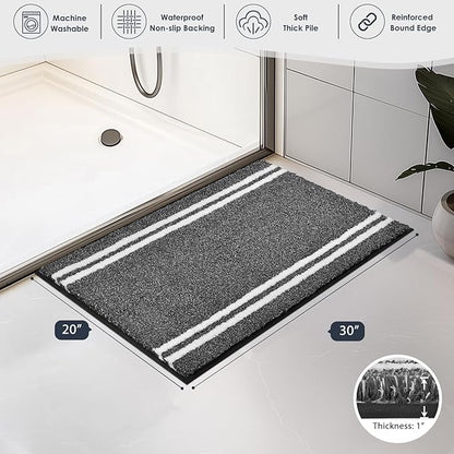 PURRUGS Bathroom Rug Non-Slip Machine Washable 20" x 30", Super Absorbent and Quick Dry Shaggy Microfiber Bath Mat, Extra Soft and Plush Bath Rug for Bathtub, Shower and Sink, Charcoal
