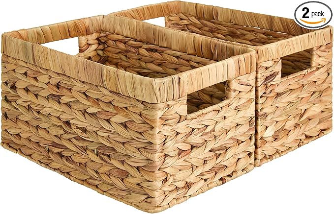 StorageWorks Wicker Basket, Baskets for Organizing, Storage Basket with Built-in Handles, Water Hyacinth Shelves (Medium 2-Pack, Natural Hyacinth)