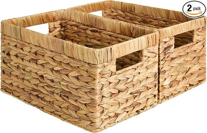 StorageWorks Wicker Basket, Baskets for Organizing, Storage Basket with Built-in Handles, Water Hyacinth Shelves (Medium 2-Pack, Natural Hyacinth)