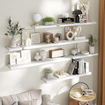 40 Inch Floating Shelves for Wall Set of 2, 8"D Wood Grain Bathroom Shelves with Invisible Brackets, Easy Install Engineered Wood Storage Shelves for Kitchen, Living Room, Bedroom, White Finish