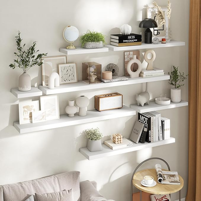 36 Inch Floating Shelves for Wall Set of 2, 8"D Wood Grain Bathroom Shelves with Invisible Brackets, Easy Install Engineered Wood Storage Shelves for Kitchen, Living Room, Bedroom, White Finish