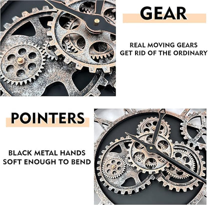 The B-Style Large Wall Clock 24 inch Moving Gear Wall Clock Oversized Vintage Farmhouse Wall Clocks for Living Room Decor Rustic Industrial Wood Clock (Silver Gray and Bronze)