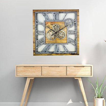 The Gears Clock 24'' Inch Square Real Moving Gear Wall Clock Vintage Industrial Oversized Rustic Farmhouse (Wood and Stone)
