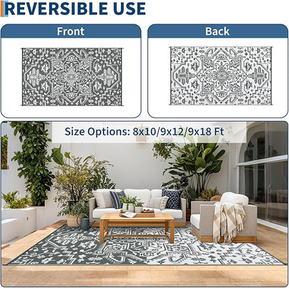 Outdoor Rug 9x12 Waterproof Reversible Plastic Straw Patio Rug, Stain-Resistant Vintage Medallion Carpet, Large Easy-Cleaning Indoor Outdoor RV Mat for Deck, Camping, Balcony, Grey White