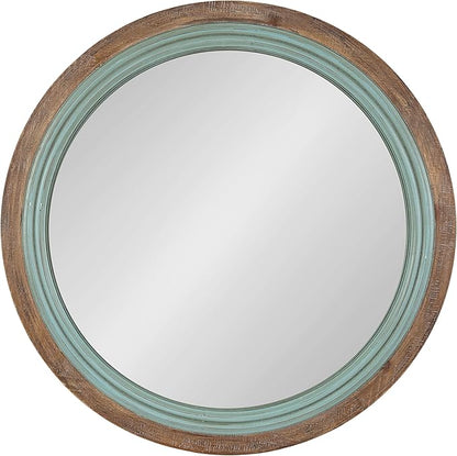 Kate and Laurel Palmer Rustic Farmhouse Round Wooden Mirror, 26 Inch Diameter, Blue and Rustic Brown, Modern Circle Decorative Wall Mirror with Paint Distressing