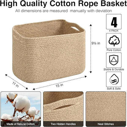 Storage Baskets for Organizing & Shelves, Woven Cotton Rope Organization Bins for Dog Toys, Clothes, Books, Nursery Organizer, 15" Lx11''Wx9.5''H, (4 Packs) Brown