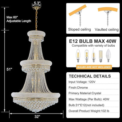 31 - Light Large Empire Crystal Chandelier for High Ceiling Foyer Entryway Staircase Living Room Dining Room Gold Finish