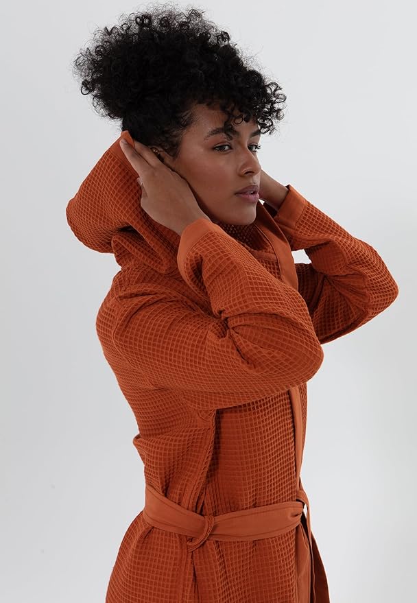 Women’s Luxury Waffle Shawl Collar, Hooded Robe w Piping – Lightweight, Long, Ultra Soft Spa Sleepwear Bathrobe