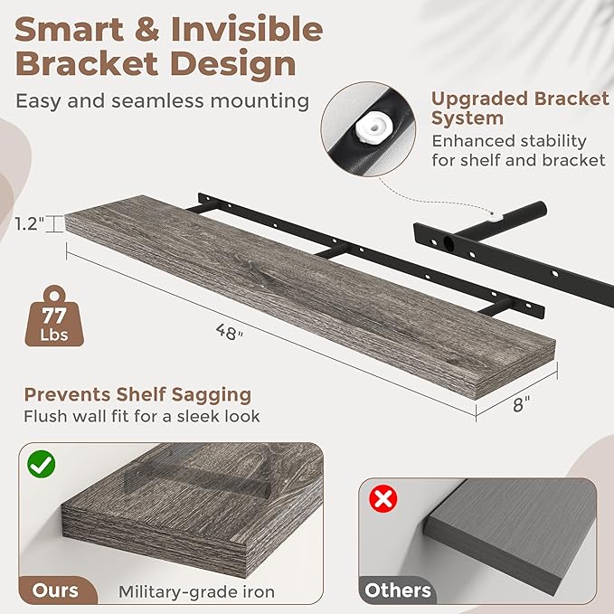 48 Inch Floating Shelves for Wall Set of 2, 8"D Wood Grain Bathroom Shelves with Invisible Brackets, Easy Install Engineered Wood Storage Shelves for Kitchen, Living Room, Bedroom, Grey Oak Finish