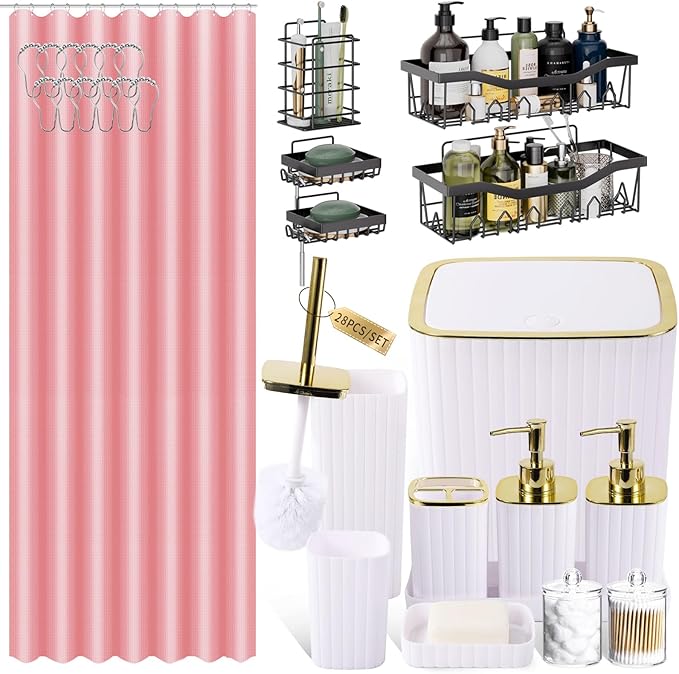 Bathroom Accessories Set - Gorgeous Bathroom Set, 28PC White Bathroom Accessory Set, Shower Curtain with 5PC Adhesive Corner Shower Caddy Hanging, Toilet Brush, Trash Can & Soap Dispenser