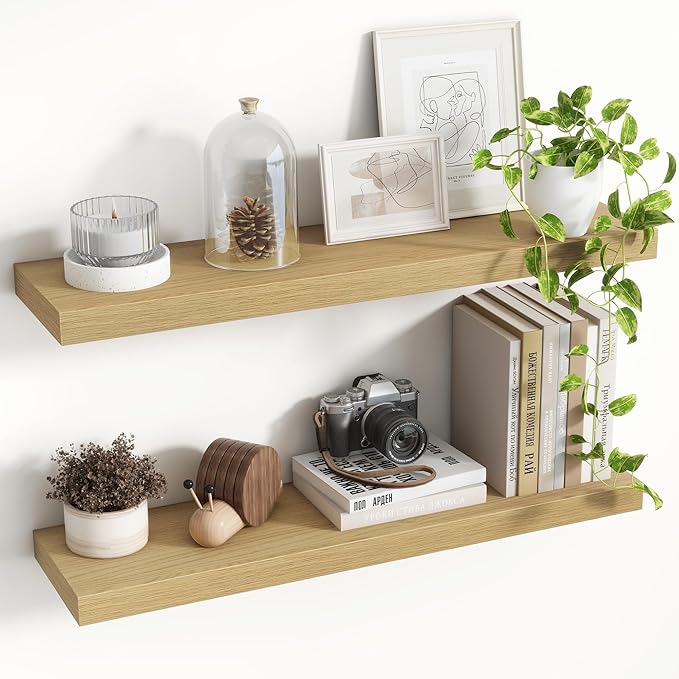 30 Inch Floating Shelves, 8 Inch Deep Floating Shelves for Wall, Hanging Shelf with Invisible Brackets, Deep Shelves for Bathroom, Bedroom, Living Room, Oak, Set of 2