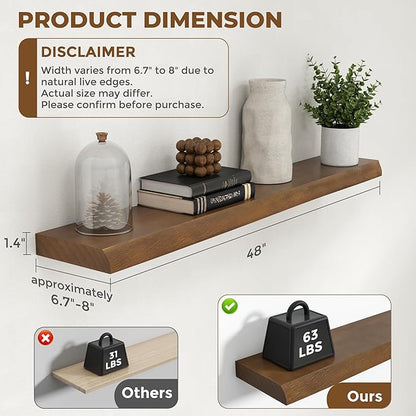 RICHFOCUS Live Edge Wood Floating Shelves for Wall 48" Natural Solid Wood Wall Mounted Shelf|8 Inch Deep Wooden Floating Shelves with Invisible Bracket for Bathroom Kitchen Room|1Pcs, Walnut