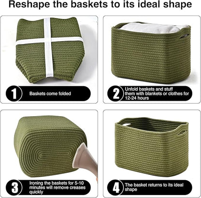 Storage Basket for Shelves, Small Baskets for Organizing, Woven Cotton Rope Baskets for Storage, Book Basket, Decorative Shelf Basket, 12.5"Lx9.1''Wx7.9''H (4 Packs) Green