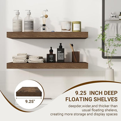 24 Inch Floating Shelves, 24"x9.25"x1.5" Inch Deep Floating Shelves for Wall, Wooden Shelves for Bathroom, Bedroom, Living Room, Brown, 2 Pieces