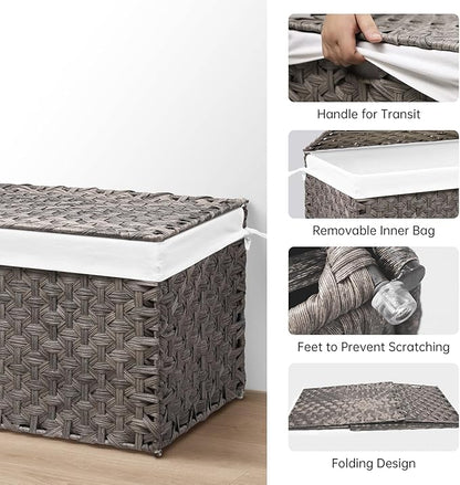 Wicker Storage Basket with Lid, 42.3 Gallon (160L) Large Blanket Basket with Lid, Woven Storage Bin with Handles, Removable Liner, Metal Frame, Foldable, for Bedroom, Laundry Room, Grey