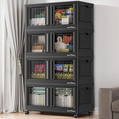 400Qt Stackable Storage Bins with Lids, 100Gal Closet Organizers and Storage Drawer, Plastic Collapsible Storage Bins with Doors, Heavy Duty Store Box Cabinet for Home Kitchen, 4Pack Black