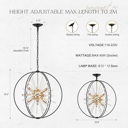 23.6" Black Gold 12-Light Globe Sputnik Chandelier Modern Adjustable Hanging Ceiling Glass Tube Pendant Light Fixture for Entryway Foyer Staircase Dining Living Room Hallway