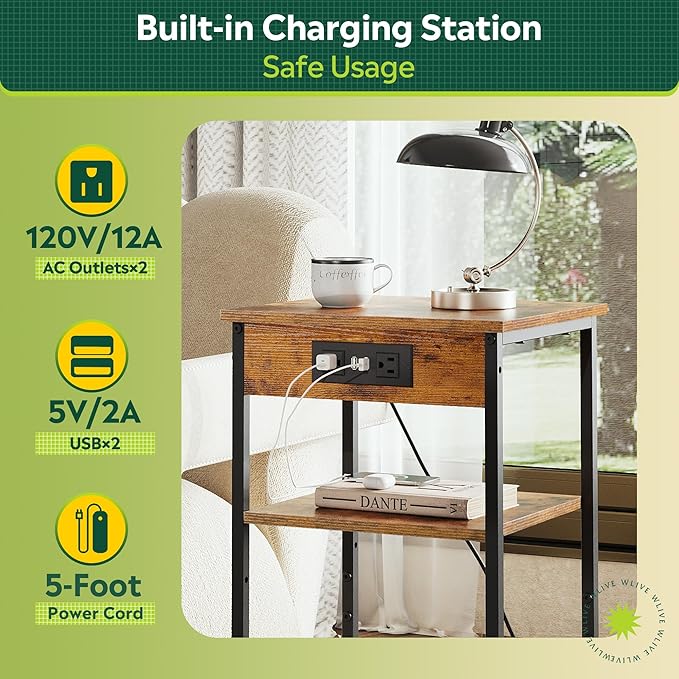 WLIVE End Table with Charging Station, Small Night Stand with 3 Storage Shelves, Side Tables for Small Spaces, Bedside Tables for Living Room, Bedroom, Rustic Brown