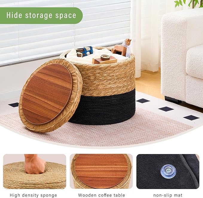 Wimarsbon 18'' Ottoman Pouf, Natural Braided Poof, Rustic Handweave Lounge Pouffe, Boho Footrest Stool for Bedroom, Accent Table for Living Room (Storage - 18inch Cattail+Black Corn Husk L)