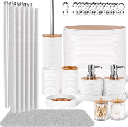 White Bathroom Set, 25 PCS Bathroom Accessories Set with Shower Curtains, Rugs, Trash Can, Toothbrush Holder, Soap Dispensers, Toothbrush Cup, Vanity Tray, Soap Dish, Toilet Brush, Qtip Holders